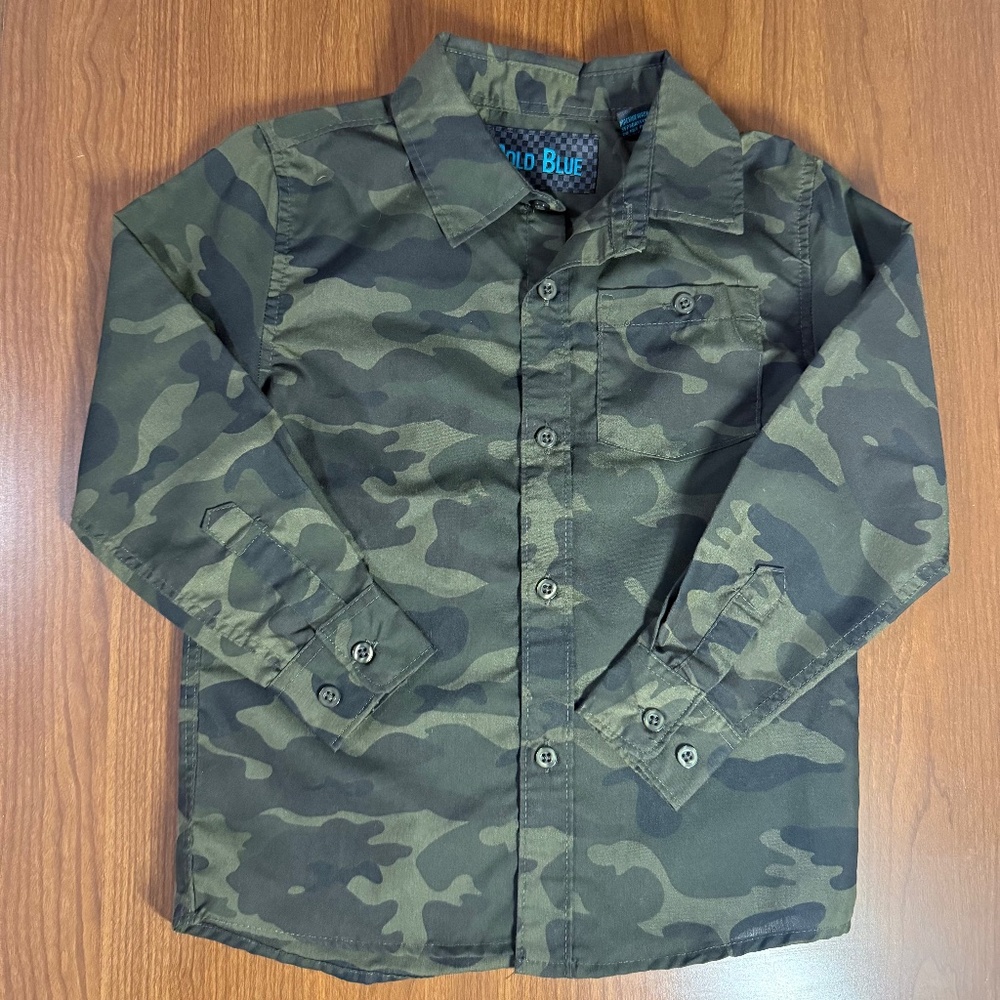 Bold Blue Boys Long Sleeve Button Up Shirt Camo Print Size 4